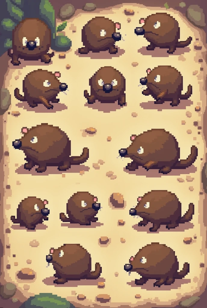 Tile set, sprite of a 2d pixel art mole running and standing, for a video game