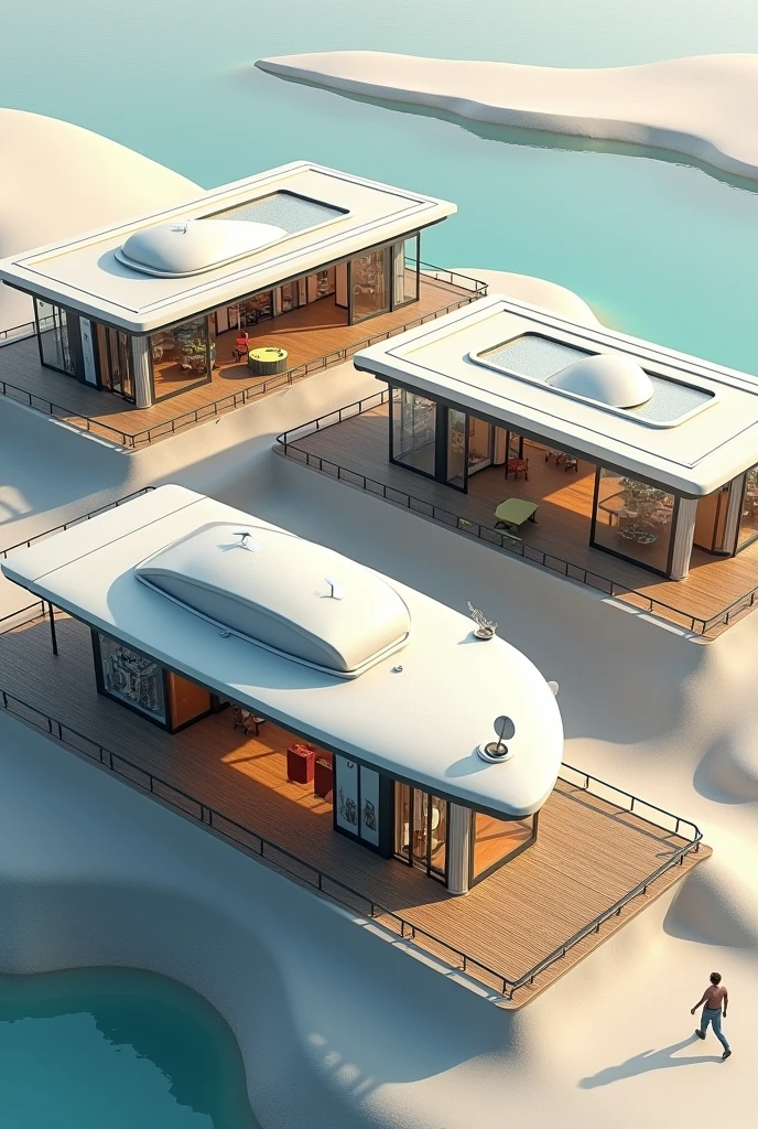 Create an image of three architectural structures with the concept of "BOAT" on sloping ground. The use of the structures is to create a modern market square space