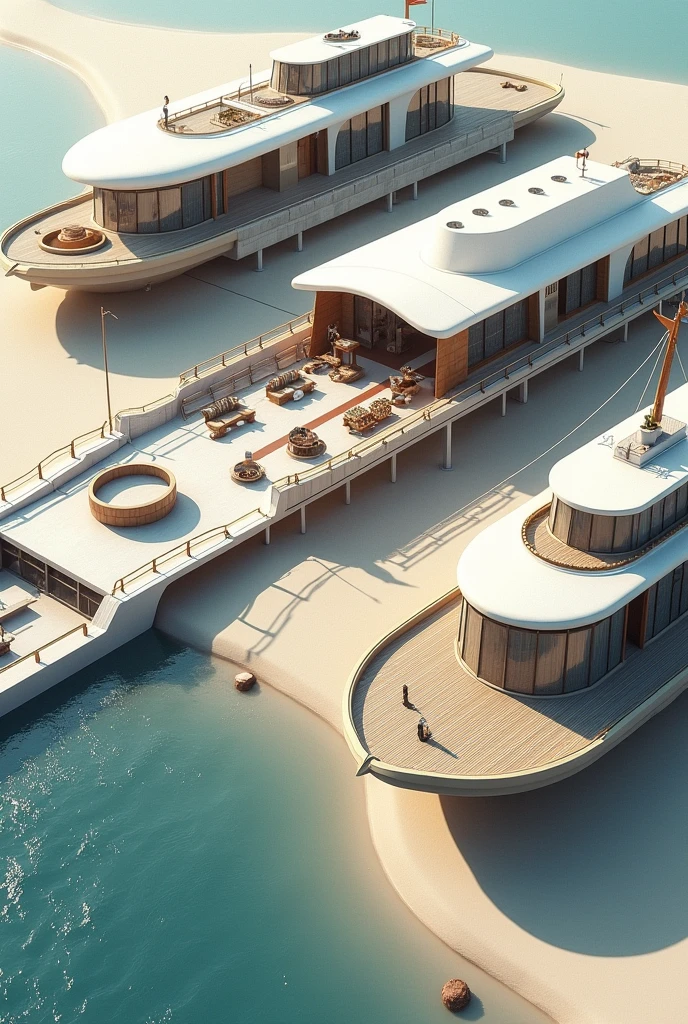 Create an image of three architectural structures with the concept of "BOAT" on sloping ground. The use of the structures is to create a modern market square space