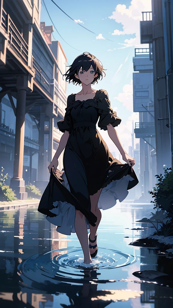 Anime girl in a black dress walking through water, Wallpaper Anime Blue Water, Walking on water anime, Makoto Shinkai Cyril Rolland, digital Anime Art, beautiful Anime Artwork, Anime Style 4k, Makoto Shinkai's art style, high definition Anime Art, Anime Art, Anime Artwork, beautiful Anime Art, Anime digital art, Makoto Shinkai style