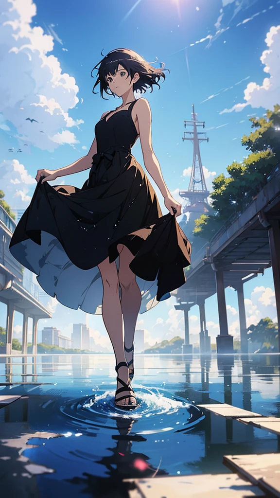 Anime girl in a black dress walking through water, Wallpaper Anime Blue Water, Walking on water anime, Makoto Shinkai Cyril Rolland, digital Anime Art, beautiful Anime Artwork, Anime Style 4k, Makoto Shinkai's art style, high definition Anime Art, Anime Art, Anime Artwork, beautiful Anime Art, Anime digital art, Makoto Shinkai style