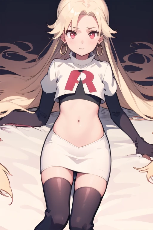 best quality, (masterpiece:1.2), illustration, absurdres,
(1girl, solo), (beautiful detailed girl), (cowboy shot),,
Roselia Millstein, blond hair, very long hair, red eyes, flat ,
earrings, team rocket,team rocket uniform,white skirt,red letter R,crop top,black thigh-highs,black elbow gloves,
