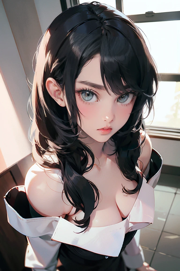 Perfect body, Sensual cleavage, Medium chest, Black suit, Christmas Costumes, Ultra HD, 4K images, Top view of the character, Best image quality, (Faithfulness: 1.4), Bright green spherical eyes, eyelash, Beautiful Eyes, Shadow , A little blush, Delicate facial features, Suitable Facial Features, Exposed shoulders, Exposing the waist