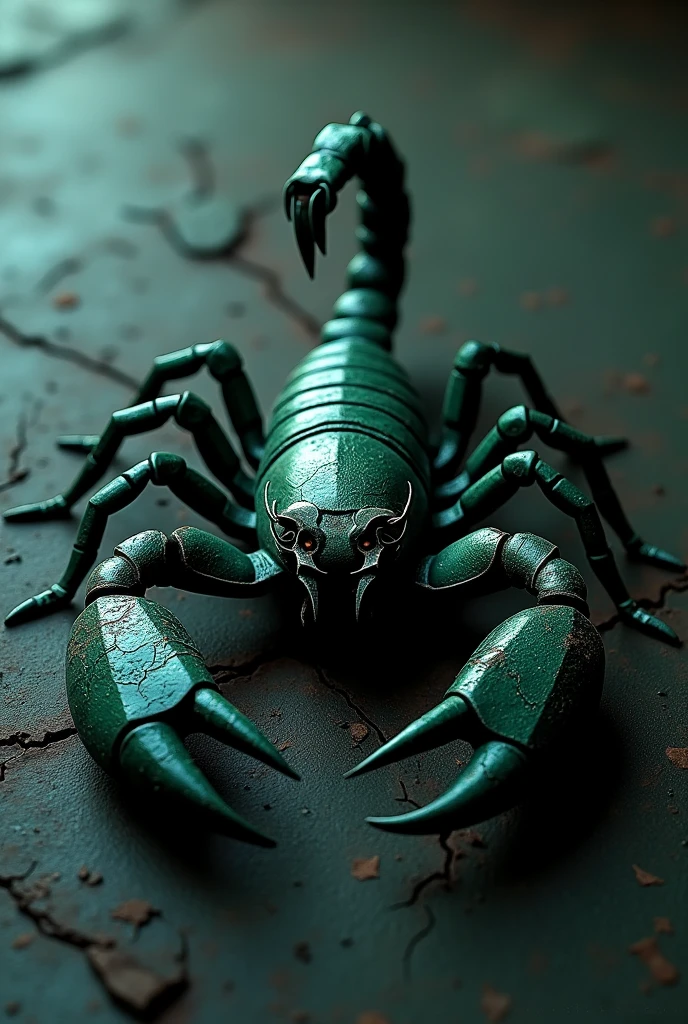 a scorpion logo, dark green and metallic silver, metallic, espionage, scratch marks, cracks, (best quality,4k,8k,highres,masterpiece:1.2),ultra-detailed,(realistic,photorealistic,photo-realistic:1.37),intricate details, industrial, grungy, moody lighting, dramatic shadows, cinematic