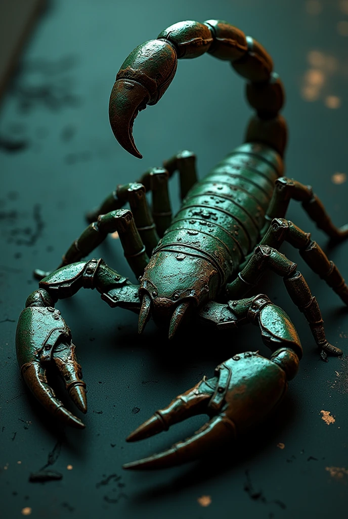 a scorpion logo, dark green and metallic silver, metallic, espionage, scratch marks, cracks, (best quality,4k,8k,highres,masterpiece:1.2),ultra-detailed,(realistic,photorealistic,photo-realistic:1.37),intricate details, industrial, grungy, moody lighting, dramatic shadows, cinematic
