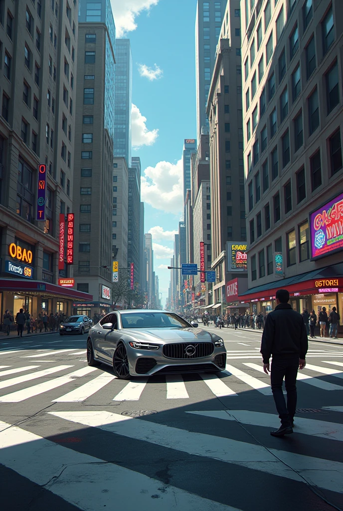 Drawing of a city with a car driving towards a pedestrian crossing