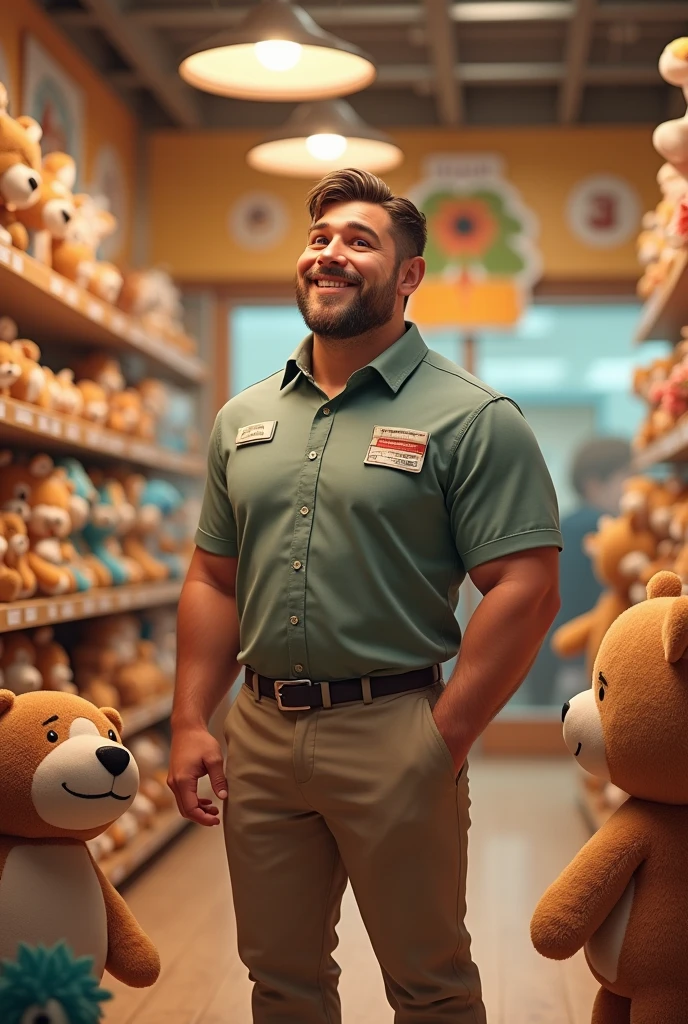 Create a realistic HUMAN male worker WITHOUT BEING OLD with the uniform for a plush toy store called bears REALISTIC REALISTIC