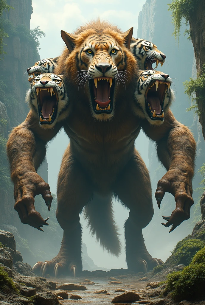 Create a picture of a three headed creature of different animals of wolf lion and tiger with crocodile head too
