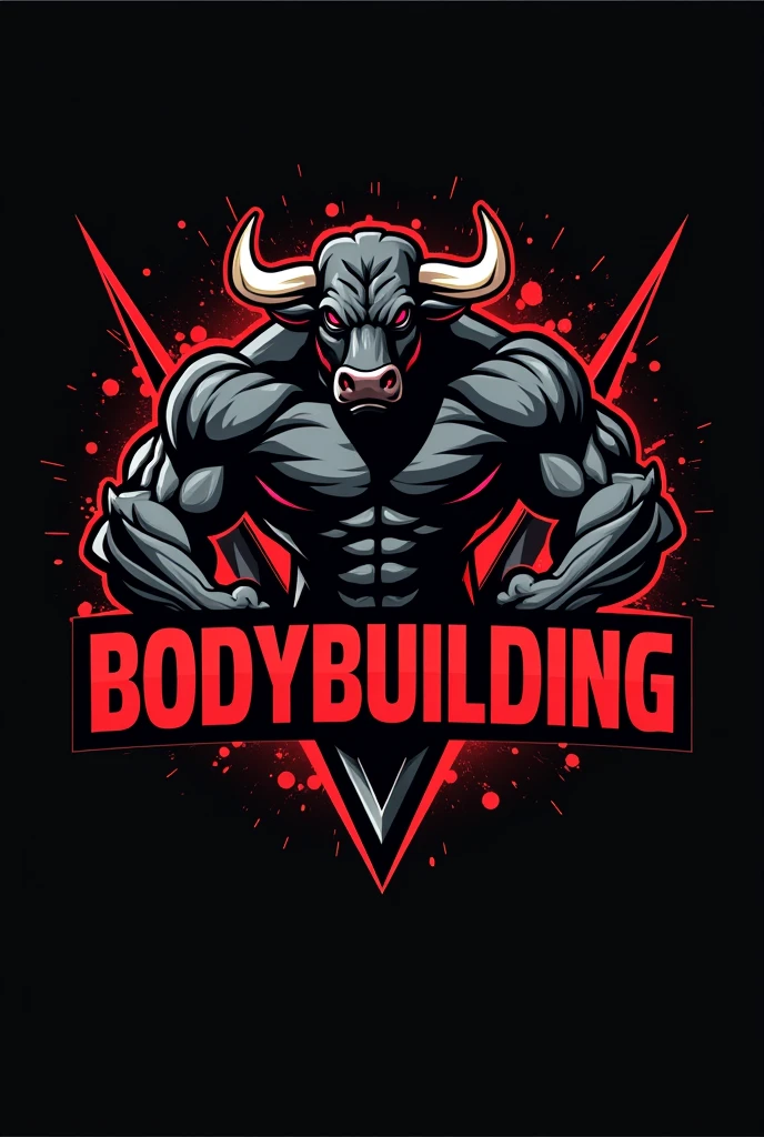 Design a powerful and dynamic logo for a bodybuilding brand featuring a strong, muscular bull as the central figure, symbolizing strength, power, and determination. The bull should have well-defined muscles, with a stance that conveys energy and dominance, embodying the essence of bodybuilding. Use sharp, angular lines to emphasize the bull's muscular build and add a sense of intensity. Incorporate bold, dark tones like black, deep red, or metallic gray to create a fierce and commanding presence. The logo should include the word 'bodybuilding' in a bold, modern font that complements the aggressive and energetic vibe of the design.