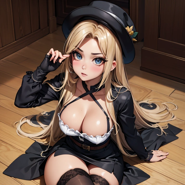 lying face down on the bed, (masterpiece, best quality:1.4), absurdres, highres, ultra detailed, beautiful, (secretary), (perfect face, detailed face, beautiful:1.3),(natural breasts, cleavage), collarbone, fingerless gloves, gloves,spaghetti strap top, black pencil skirt, tight, over the knee skirt, hat, elegant secretary outfit, thighhighs, thick thighs, thighs, multiple belts, More detailed 8K.motor irreal:1.4,UHD,La mejor calidad:1.4, fotorrealista:1.4, textura de la piel:1.4, obra maestra:1.8,obra-prima, mejor calidad,objeto Objeto], (detailed face features:1.3),(manos detailed)