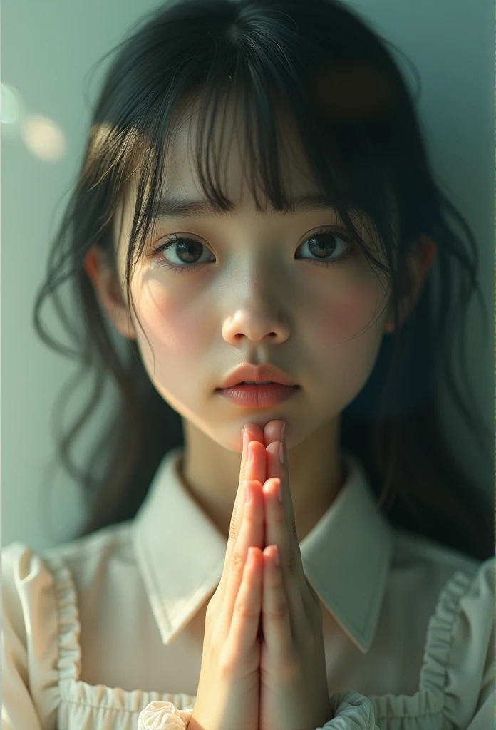 Praying girl, double exposure, detailed, highly detailed face, beautiful detailed eyes, beautiful detailed lips, long eyelashes, warm soft light, surreal, cinematic, dramatic lighting, dramatic shadows, muted colors, pastel colors, (Best Quality, 4k, 8k, High Resolution, Masterpiece: 1.2), highly detailed, (Realistic: 1.37)