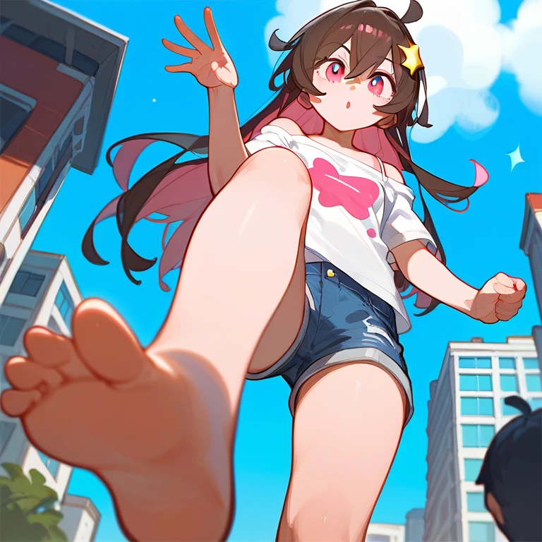 Fraction_9,Fraction_8_direction_7_up,1个女孩露出脚Low Angle，One-leg stand，barefoot，Female Giant，Clear facial features，Lots of buildings around，Low Angle，Denim shorts，There are bangs between the eyes，Off-shoulder T-shirt，Long hair，Dark Brown Half Pointed Stars on Hair，Perfect feet，Pink Eyes，Low Angle，很多小人从Female Giant的脚下逃跑，Little man running on the ground