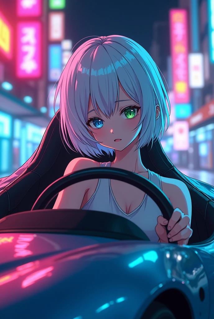 anime style,  adult woman, with blue right eye and green left eye, short white hair.
Driving a sports car.
side view.
neon lights.
