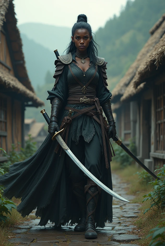 A beautiful dark-skinned woman with a katana in a medieval village 