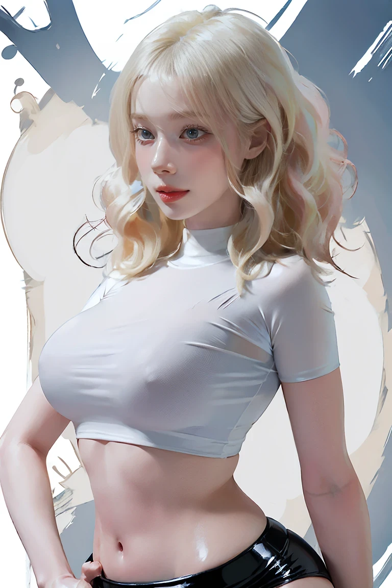 (Highest quality, 8k, High resolution, Realistic:2.0), (Lighting: in front),(Lighting: fort),(The ultimate beautiful girl:2.0),(Glowing Skin:1.5),(Oily skin:1.5),(Platinum Blonde Hair:1.5), Heavy eye makeup ,(Woman smiling at the viewer), (Wearing a latex T-shirt and tight latex shorts:1.5), (masterpiece), (Hard nipples), (T-shirt and latex transparent),(Tight fitting clothing),(Torn clothes),(Showing her ass to the viewers), (Round and soft ass), (Latex shorts are too small),(Perfect body), (Buttocks sticking out of shorts), (Large Breasts),