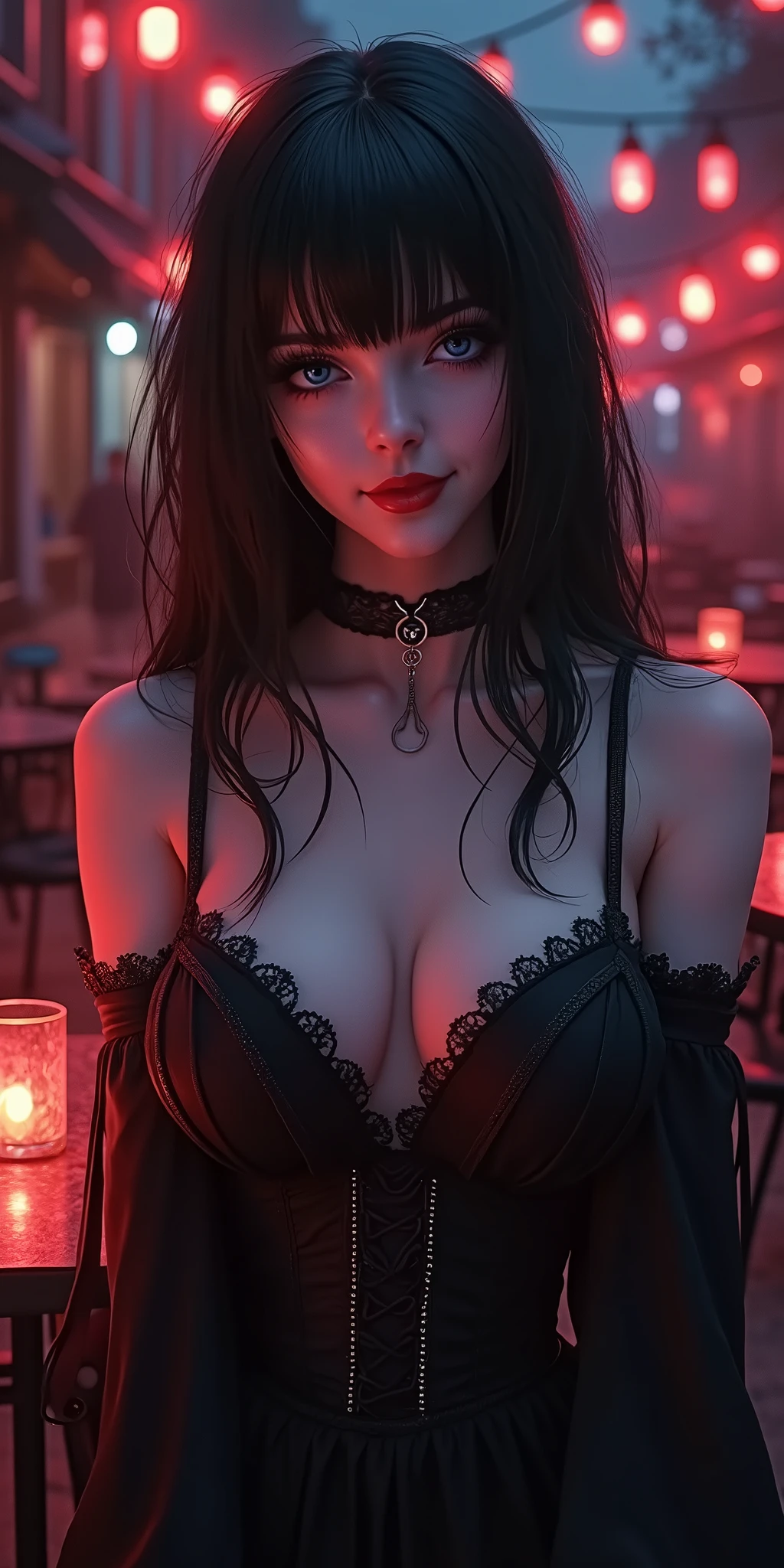 (best quality, ultra-detailed, photorealistic: 1.39), bright and vibrant colors, studio lighting, romantic expression, An effeminate girl, with a delicate and beautiful face. Beautiful and adult woman with her straight loose black dark hair matches the gothic makeup, her dark blue eyes and mischievous smile, with her large seductive breasts, cleavage, dark style, strap, beautiful crimson red strapless black dress, lace details on the dress, dark makeup. She have a horny face, like a manwha character, chain details, in the outdoor gothic party, horror details, skulls and nerves, chairs and tables, gothic scenery at night, seductive cleavage, manga style, anime features manga style, fully body , she is in love, like a manwha character style