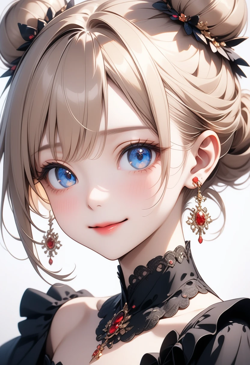 pretty girl, (Ash Blonde Hair), ((very bun hair)), Perfect Face, An innocent smile, Upper Body,(blue eyes), (Yan), (small), (thin), ((Flat Chest)), ((Only 16)), Skin Dentition, Extremely detailed, Attractive oval face, Red lips, pink, Glowing Skin, Fine hair, Face Focus, Chest close-up, Gorgeous hair ornament, Gold earrings, ((1 person)), Embarrassed expression,,, ai-generated,,, 
