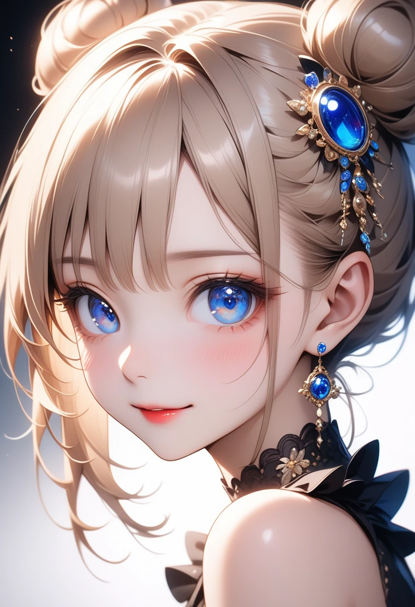 pretty girl, (Ash Blonde Hair), ((very bun hair)), Perfect Face, An innocent smile, Upper Body,(blue eyes), (Yan), (small), (thin), ((Flat Chest)), ((Only 16)), Skin Dentition, Extremely detailed, Attractive oval face, Red lips, pink, Glowing Skin, Fine hair, Face Focus, Chest close-up, Gorgeous hair ornament, Gold earrings, ((1 person)), Embarrassed expression,,, ai-generated,,, 