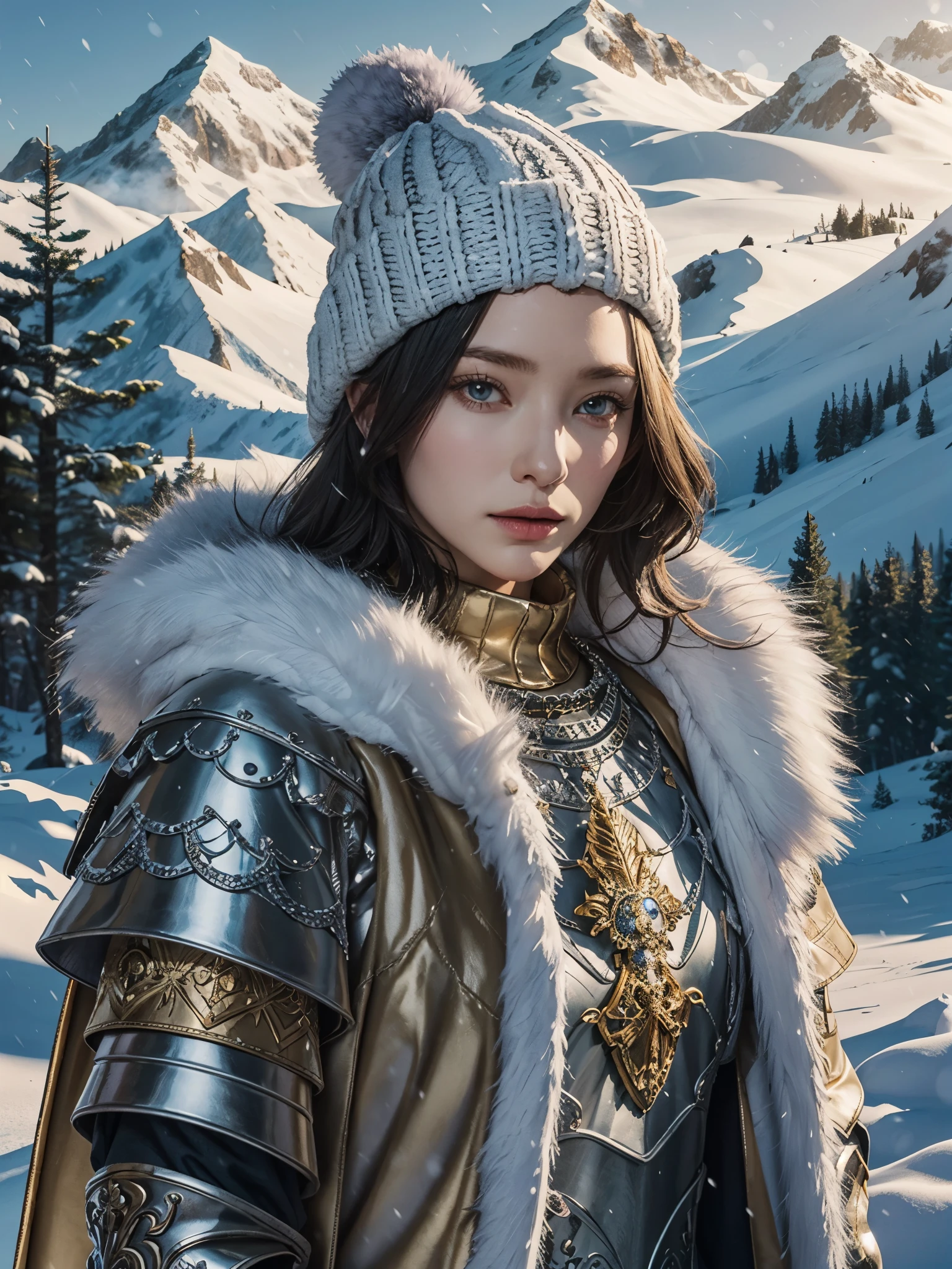 1girl, wearing fur coat, detailed texture, snow, pine trees, snow storm, fluffy hat, purple reptilian tunic, golden scales, silver armor, dark mountain,