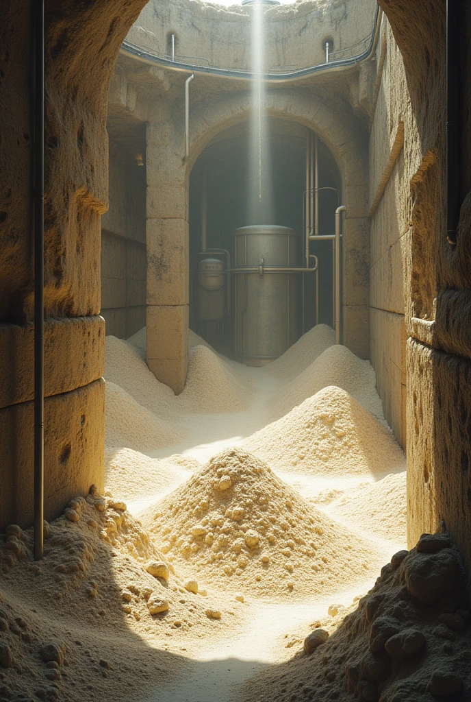 sada, based on this image, create an image where we see below the ground, a reservoir that is filled with flour that will be distributed in this format
