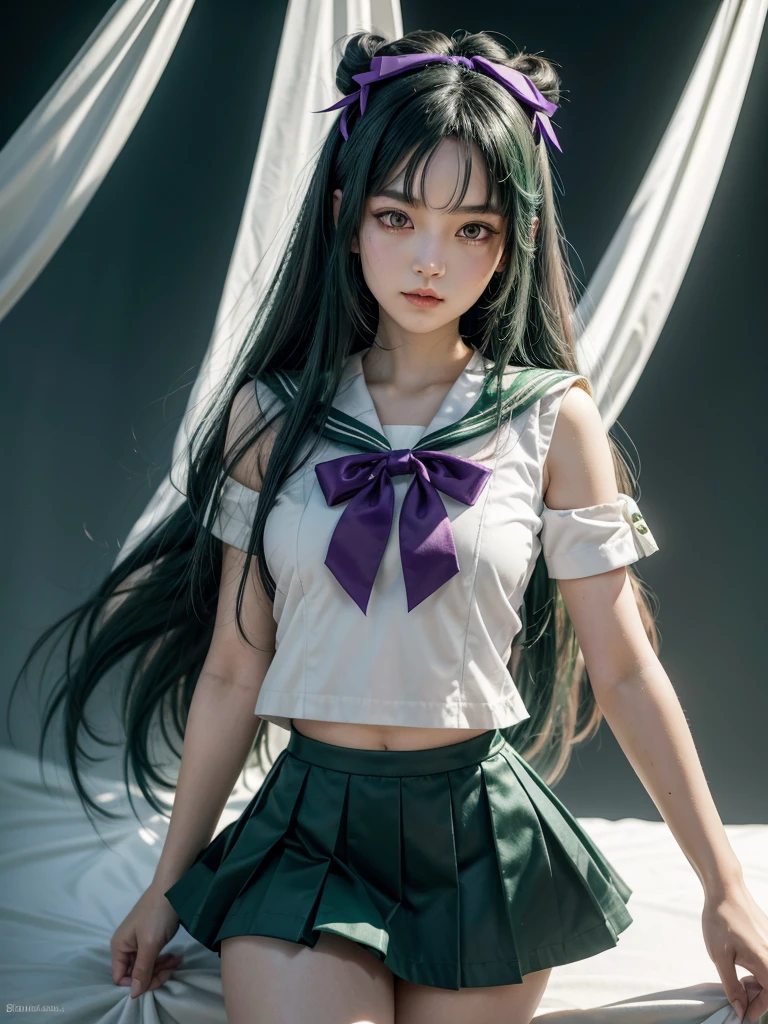 Setsuna has long dark green hair, with purple eyes. She most often appears as Sailor Pluto, has a white collar with a bow in the center and several details, and also has a short skirt with its corresponding color, which in this case is dark green.