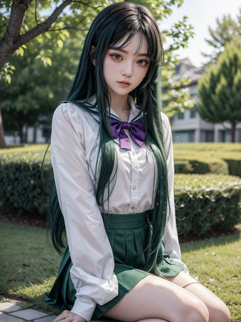 Setsuna has long dark green hair, with purple eyes. She most often appears as Sailor Pluto, has a white collar with a bow in the center and several details, and also has a short skirt with its corresponding color, which in this case is dark green.