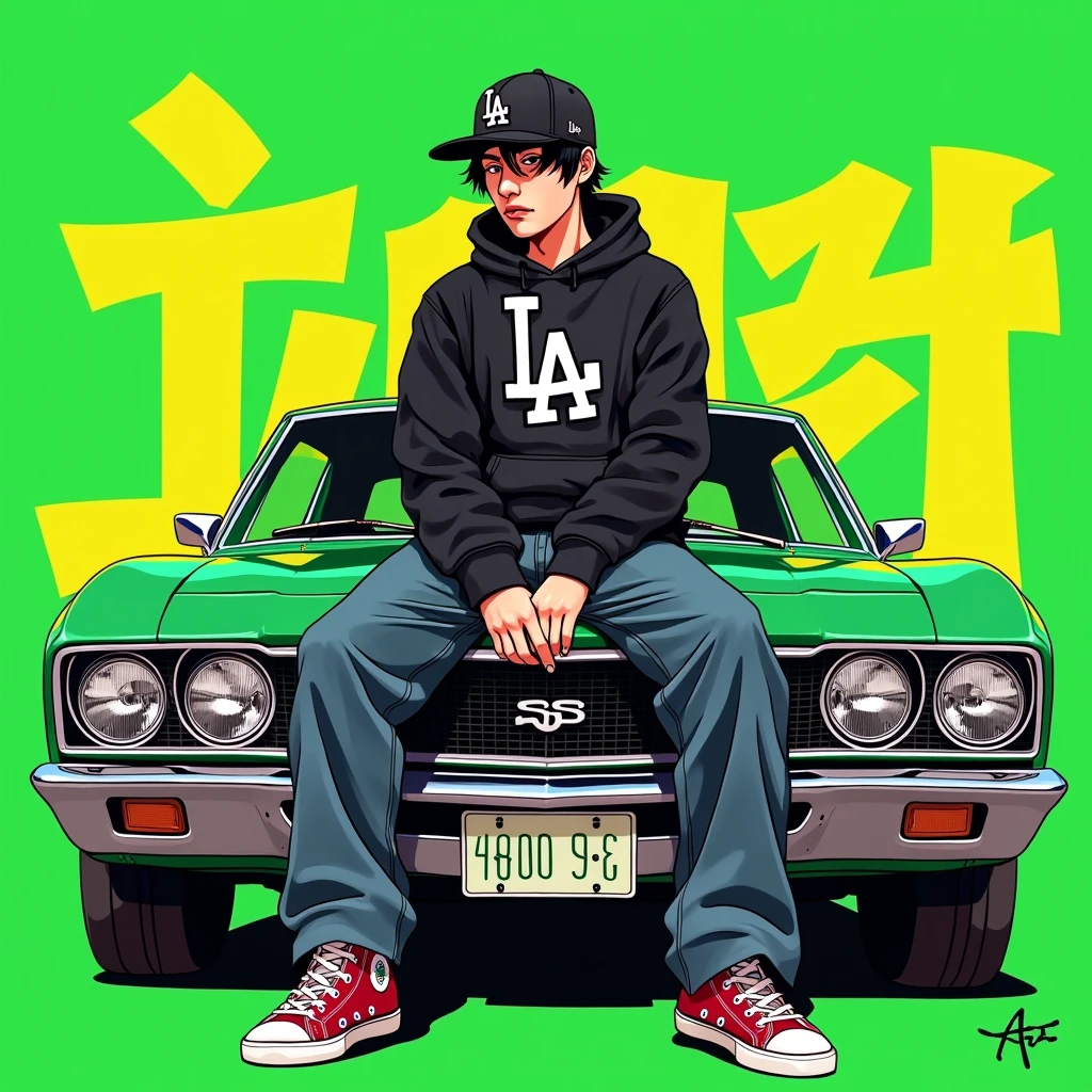 Image of a man sitting on the bonnet of a car, Yoshihiko Wada&#39;s album cover, winner of the behance contest, Doodle, official artwork, rap album cover, hip - hop album art cover, colored album art, hip hop music album cover, rap album cover art, official fanart, GTA Cover, hip hop album cover, album art cover, G-FUNK Hip Hop album cover, green background, green car, with the words If WONA behemes a gangster on the back of the picture, an Asian teenager wearing a black LA hoodie, a black LA ball cap with a deep press and a wide pair of jeans down, a troublemaker boy sits on the bonnet of a car and lets the car out to the side