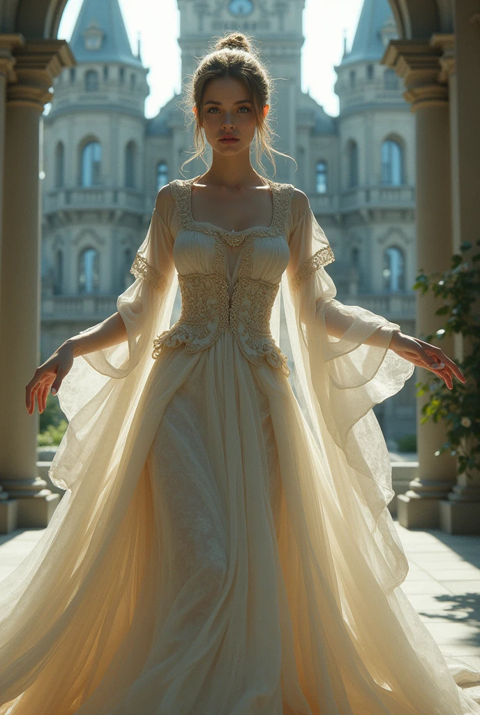 Believe me, a non-existent female character from an ancient era while wearing a very beautiful Victorian era dress while dancing outside a beautiful castle.
