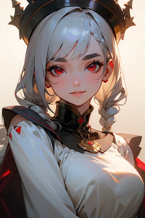 (Highest quality, masterpiece:1.2), High resolution, 最高masterpiece、Very detailed, Realistic:1.37, Fantasy, An illustration,Gray Hair、 Red eyes、Queen, White Dress、beautifully、Eyeshadow Red、Thick eyebrows、Long eyelashes、pupils are black、shiny on the lips、Top Sites、Queen、Princess、A kind smile、Show your teeth a little and smile、Soft impression、people々々々々々々々々Loved by、Slimming the face、Shoulder Bare、Sexy braids、Kissing Face、Short Bob、Shaggy Bangs、Save face image、The background is space、