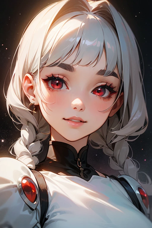 (Highest quality, masterpiece:1.2), High resolution, 最高masterpiece、Very detailed, Realistic:1.37, Fantasy, An illustration,Gray Hair、 Red eyes、Queen, White Dress、beautifully、Eyeshadow Red、Thick eyebrows、Long eyelashes、pupils are black、shiny on the lips、Top Sites、Queen、Princess、A kind smile、Show your teeth a little and smile、Soft impression、people々々々々々々々々Loved by、Slimming the face、Shoulder Bare、Sexy braids、Kissing Face、Short Bob、Shaggy Bangs、Save face image、The background is space、