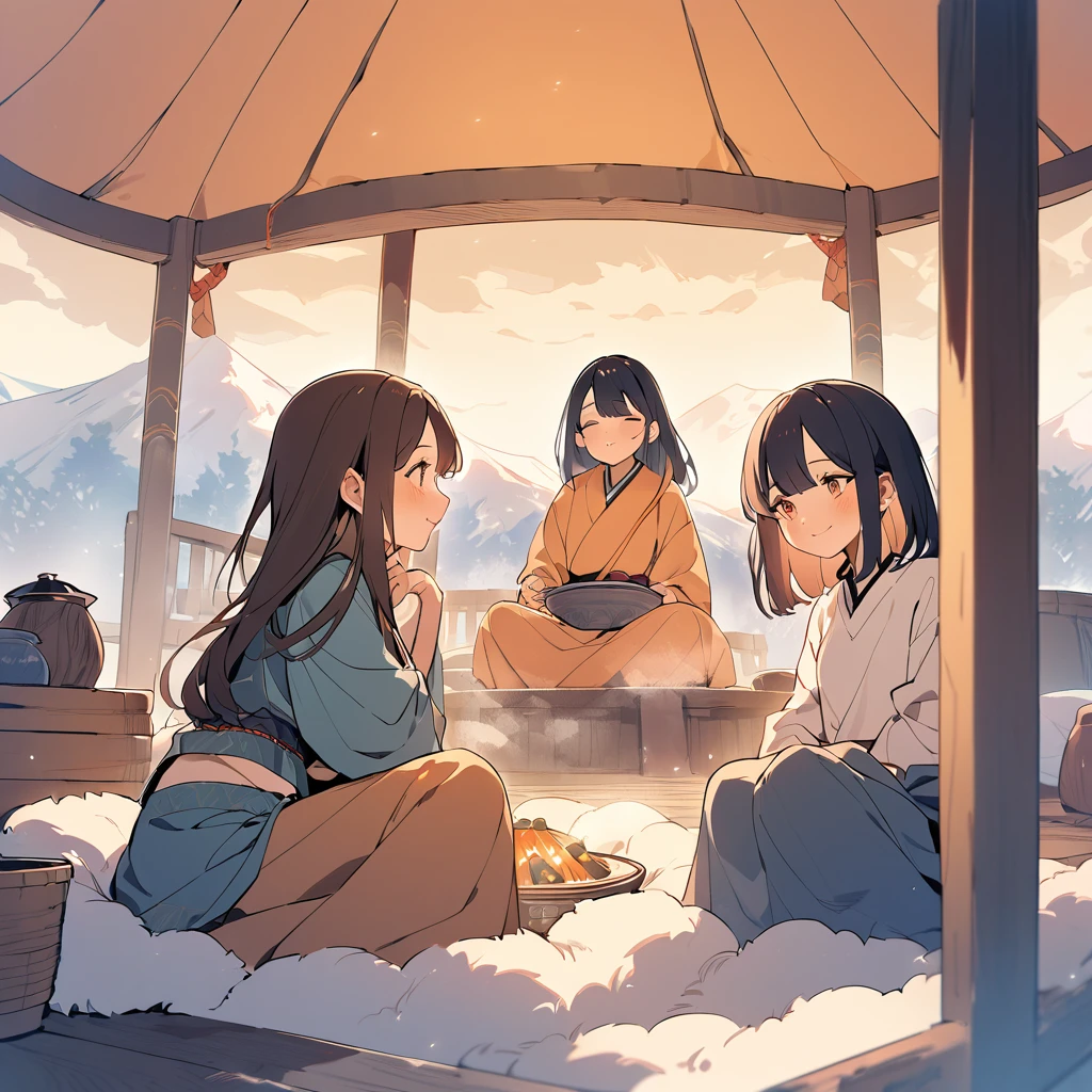 A warm-toned, pastel-style illustration depicting a cozy scene inside a traditional Mongolian yurt. Two young sisters with sun-kissed faces are sitting around a steaming bowl of soup. They are wearing loose-fitting, traditional Mongolian attire that reveals their midriffs. The sisters have gentle smiles on their faces, radiating warmth and comfort within the nomadic tent, or 'ger.' The overall atmosphere is one of familial bond and cultural richness.A fur rug on the ground