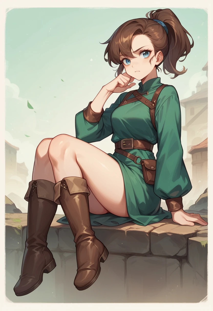 13 year old girl named luna in a shonen./fantasy world: brown hair tied in a ponytail, blue eyes, green tunic,leather boots