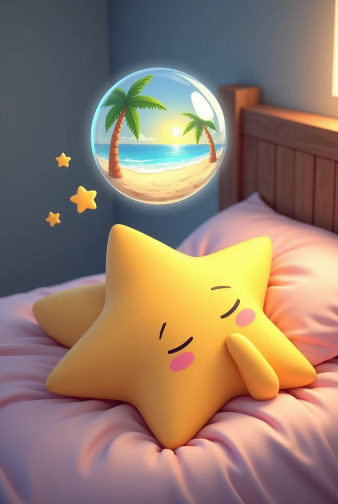 Create a cute star lying in bed sleeping with one hand on the face and the other hand resting , do with an angle from above, with a dream balloon that has a beach landscape inside