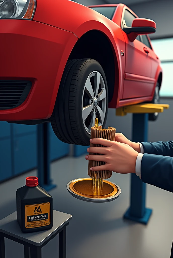 Drawing of a red vehicle elevated by a lift, underneath the vehicle there is an oil container receiving the oil that is draining from the crankcase of that same vehicle and to one side a mechanic holding an oil filter in his hands and finally a small table where there is a gallon of oil on top of it