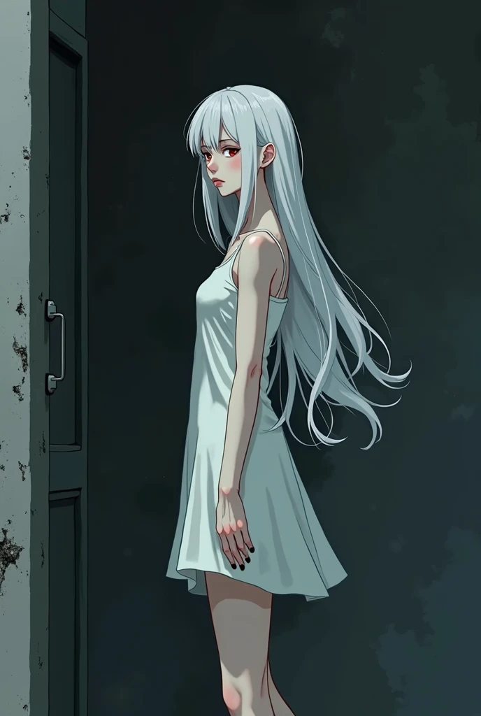 The image is in the style of a Ghibli studio anime., although somewhat gloomy and adult, It features a 20-year-old albino adult woman.. She is standing in front of a black wall, She has long hair and red eyes. Shown with a smile. She has a white dress that reaches her knees.. strong thighs.
