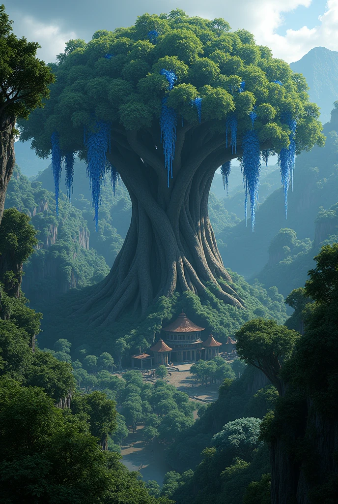 You can create a landscape inspired by the world of Avatar Pandora where the center is a large leafy tree that hides the village that lives there., Around this there is a forest surrounding it like a wall and a lot of flute and flora, At the top of the tree there are small leaves and bright blue flowers similar to the flowers of the valley.. The perspective is from the top of the tree, in the landscape it is night