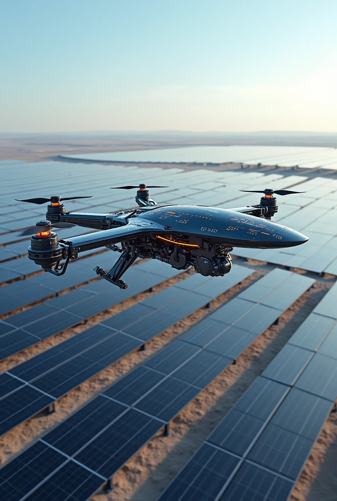 1 giant drone taking care of solar panels from the air so that the drone can get higher