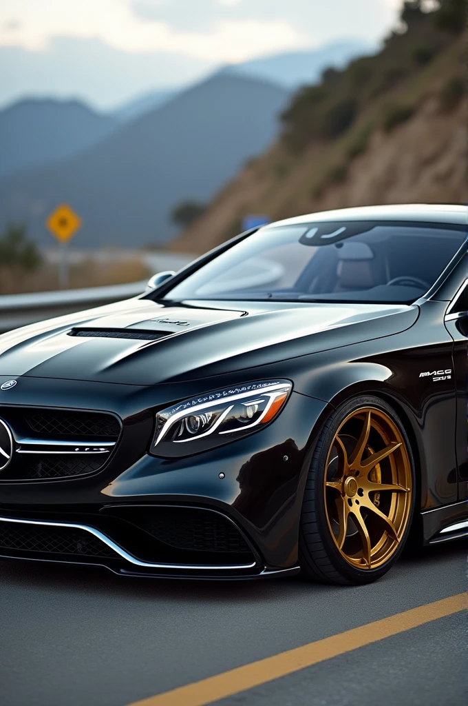 A Black Glossy Mercedes Benz S63 AMG with AMG Bodykit and black gold glossy coloured rims