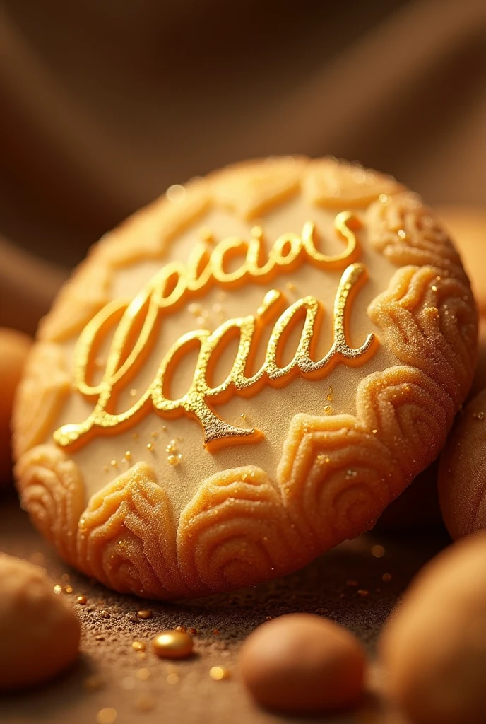 a golden cookie with sparkles, symbolizing the quality and special touch that our cookies bring to our customers' moments. The predominant colors would be golden and brown tones., that evoke warmth and flavor.
that says with a typography that is attractive to the public special cookies