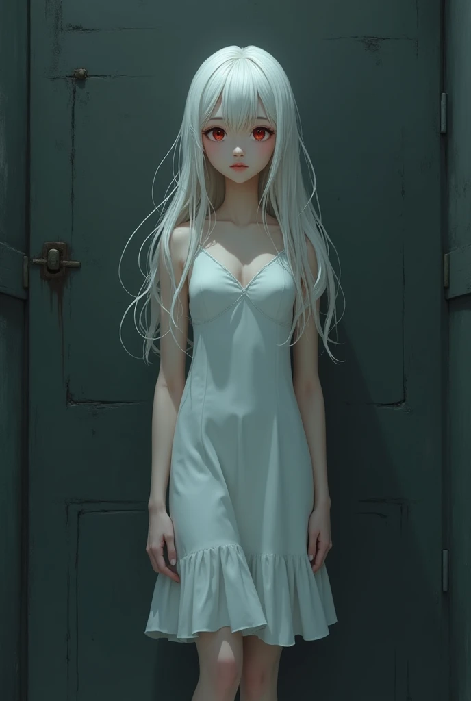 The image is in the style of a Ghibli studio anime., although somewhat gloomy and adult, It features a 20-year-old albino adult woman.. She is standing in front of a black wall, She has long hair and red eyes. Shown with a smile. She has a white dress that reaches her knees.. strong thighs.