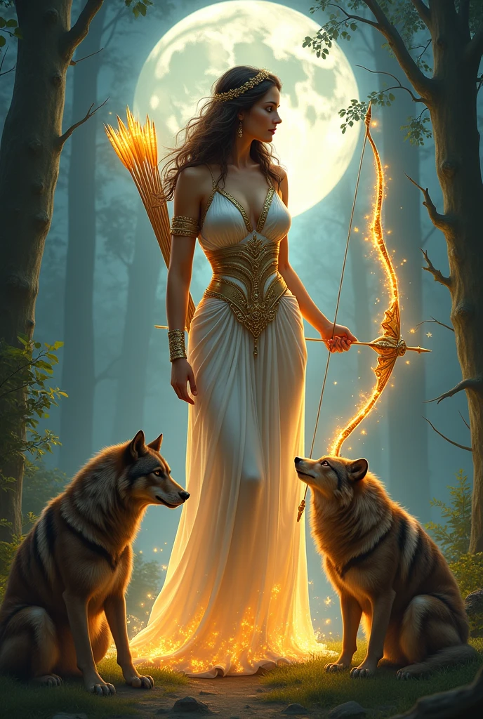 greek goddess artemis, with a bow and arrow, holding glowing arrows, holding her mystical glowing bow, elegant white golden dress, cleavage, thigh, sexy, hunting, forest, full moon, moonlit, multiple guardian wolfs and bears around her