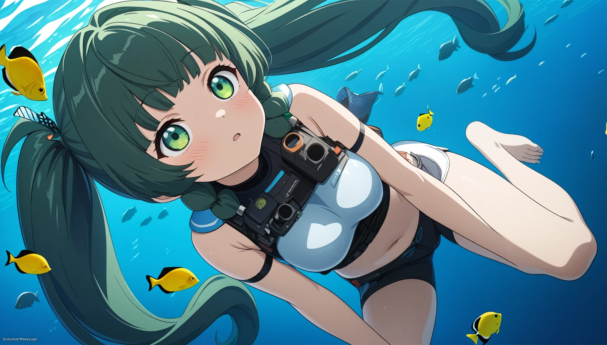 1 anime girl:1.3，Looking up，masterpiece，high resolution，Anime Art，Anime Numbers， 4k anime wallpaper，Soft Light，Radiant Skin，Looking at the camera，Solitary，Floating in the water，The perspective is underwater，Green twin ponytails，Full and firm breasts，There are two red lines on the belly，(Green eyes: 1.3)，shorts，Tropical Fish