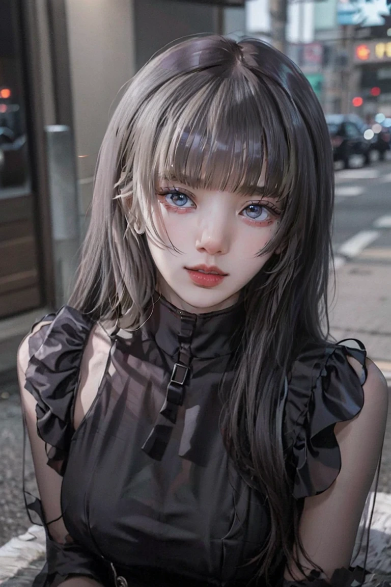 A woman in her fifties wearing red and black clothes sitting on the curb, cruel korean Goth Girl, Goth Girl aesthetic, Goth aesthetic, Goth Unk Clothing, 1 7 - year - old anime Goth Girl, Gothic horror atmosphere, 1 7 - year - old Goth Girl,  Gloomy style, darkwave Goth aesthetic, Goth Girl, Gothic Clothing, e - girl,　Large Breasts