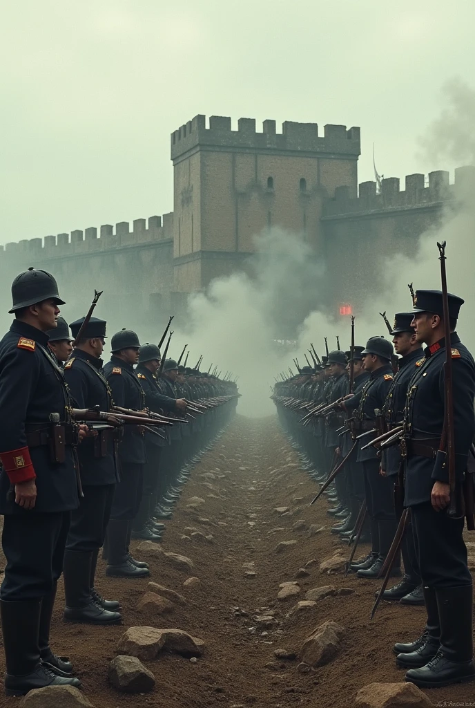 French and German soldiers face off on a battlefield, with the fortress of Verdun in the background.