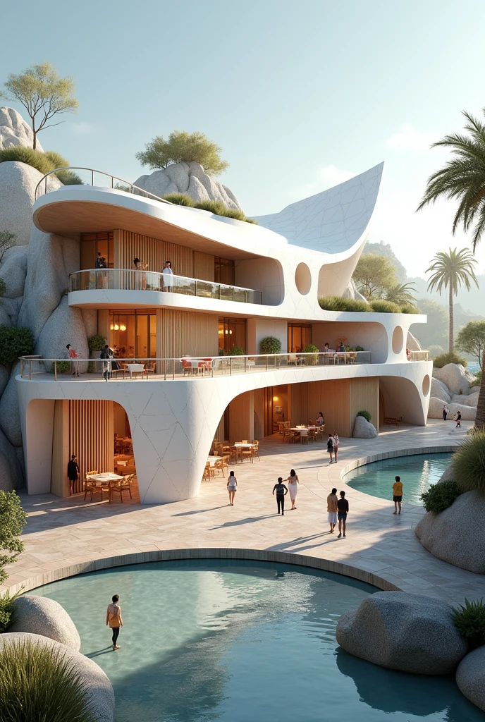 Create an image of three architectural structures with the concept of "BOAT" on sloping ground. The use of the structures is to create a space for market squares. Add geometric elements

