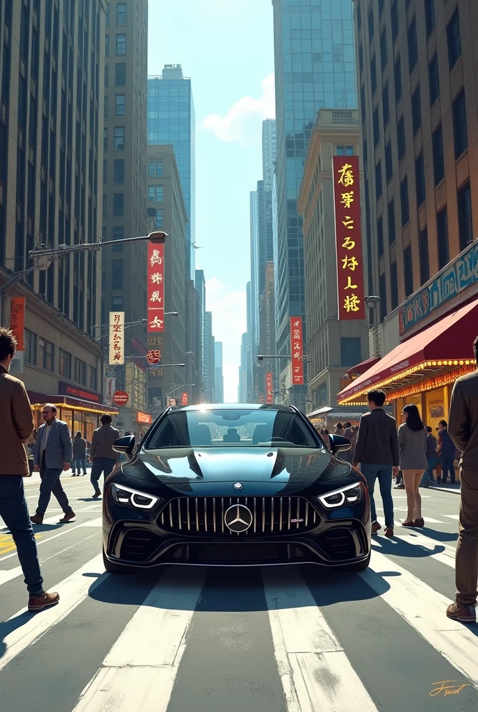City drawing with a big black car driving towards a pedestrian crossing