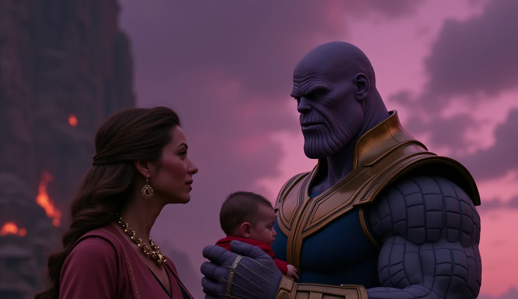 Act 1: The Origin
Scene 1: The Birth of Thanos
Thanos is born on the planet Titan. The scene captures his family, who initially view him as a cursed child due to his unique appearance.

