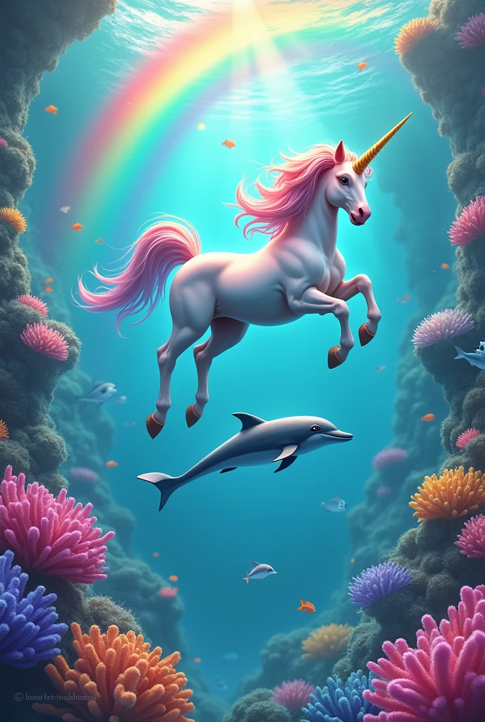 Colorful unicorn flying together with a dolphin over a rainbow in their colorful aquatic fantasy world with lots of corals