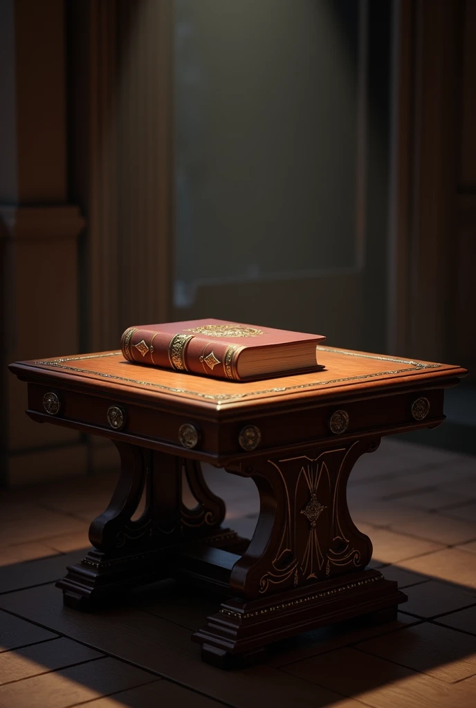 An oak table illuminated the place, In the center of the table was a leather-bound book., with golden inscriptions that gleamed in the dim light.
