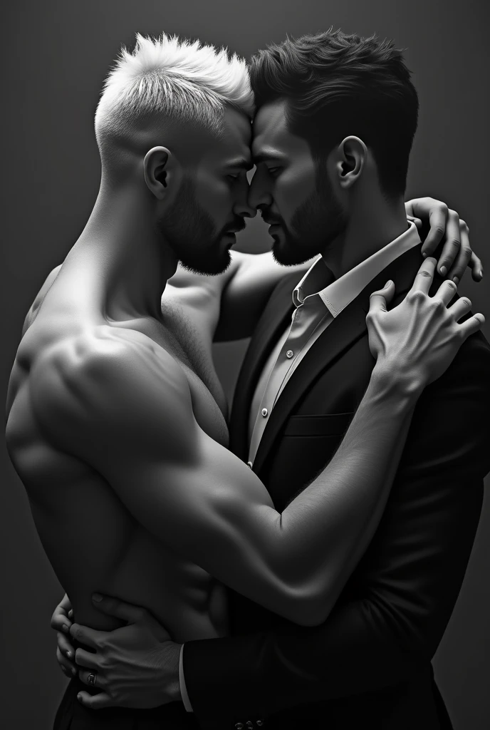 2 man! gay art! handsome Matt Anderson without clothes. Sensual shooting. pleasure. sweaty body . sex. Chest muscles! Chest hair! ((monochrome)), ((grayscale))wearing a suit and tie,tattoo. white hair smoky movie look！